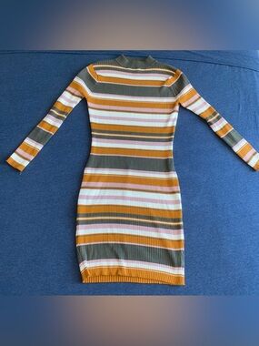 Women’s  Striped Ribbed Long Sleeve Dress - Mustard, Olive & Pink